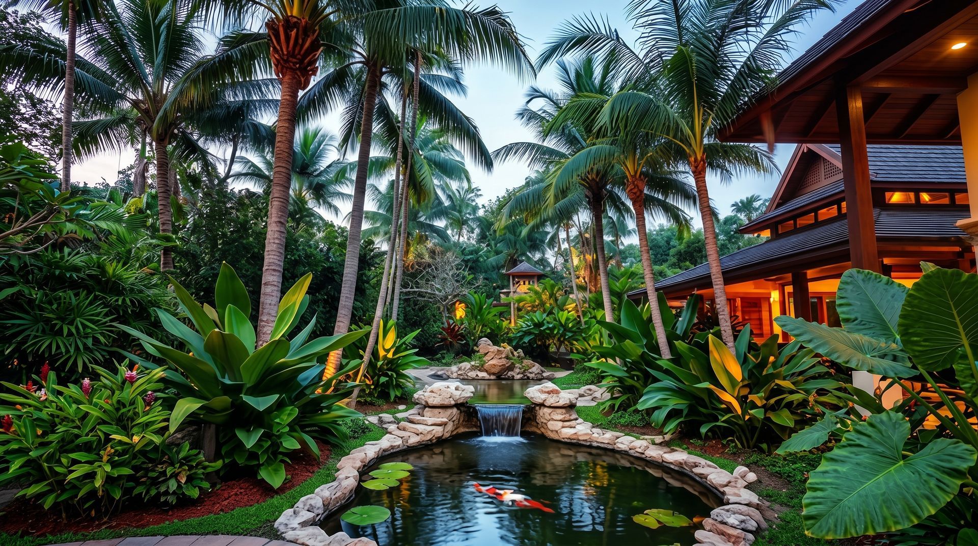 Lush tropical garden with palm trees, a stone-lined stream, and a lit wooden resort building at dusk