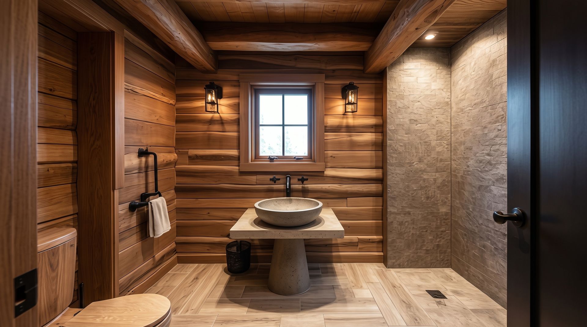Rustic bathroom with log walls, stone sink, window, and warm ambient lighting