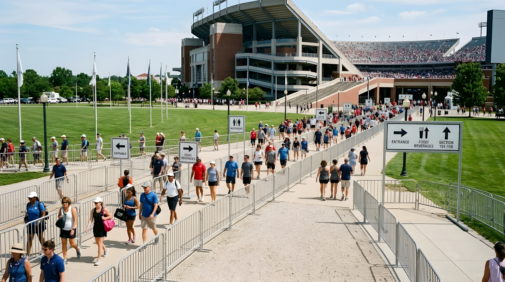 Crowd walking down a stadium ramp toward the entrance on a sunny day