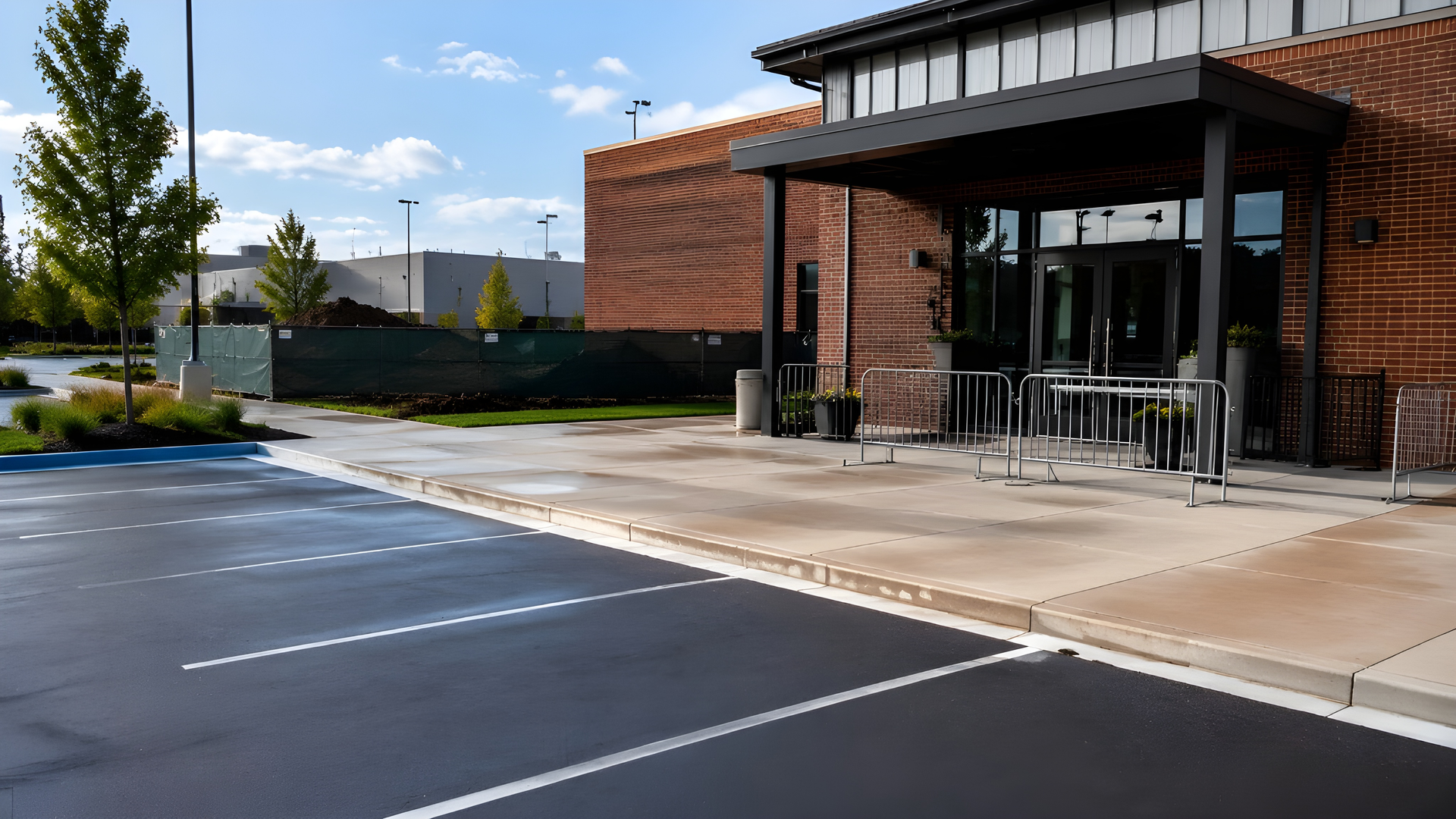 Front entrance of a brick commercial building with arched doorway and empty parking lot
