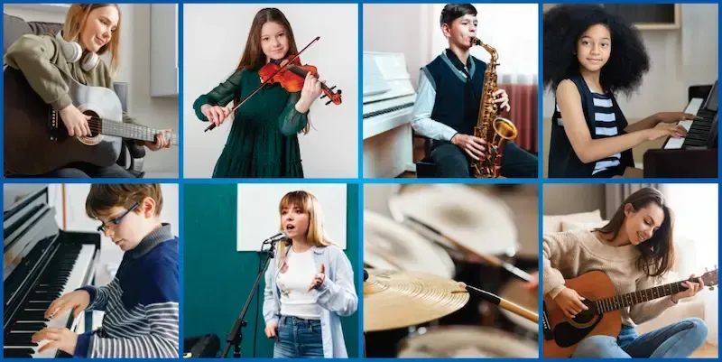 A collage showing eight people playing various musical instruments, including guitars, a violin, saxophone, and drums.