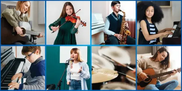 Collage of people playing musical instruments, including guitar, violin, flute, and keyboard in indoor settings