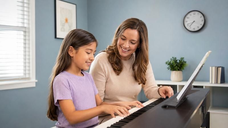 Woman and child playing a digital piano together in a bright room, smiling at sheet music on the stand.