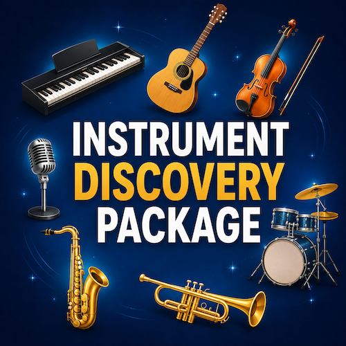 Instrument Discovery Package featuring piano, guitar, violin, microphone, drums, saxophone, and trumpet.