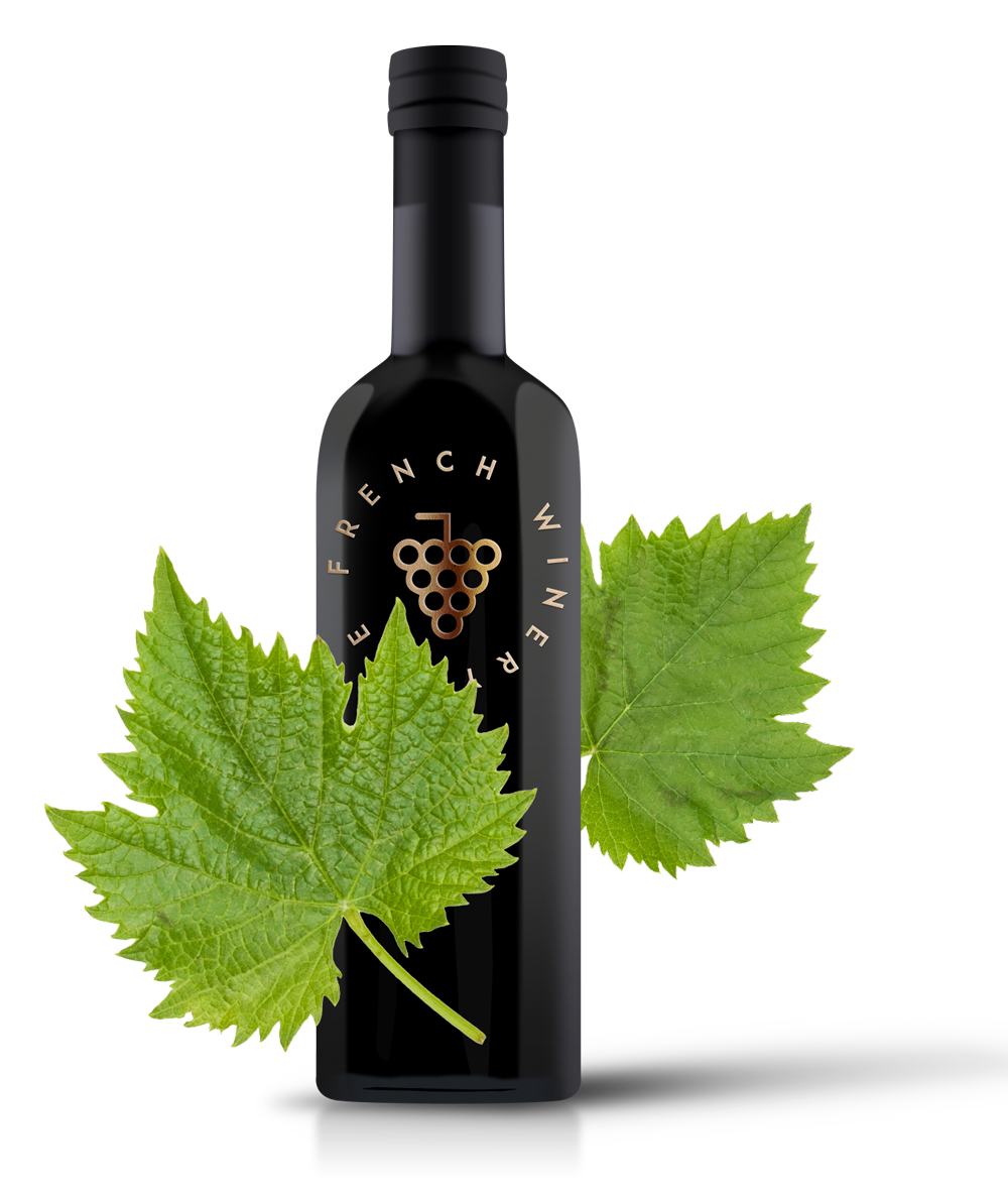 Black wine bottle with gold text and a grape cluster design, flanked by two green grape leaves.