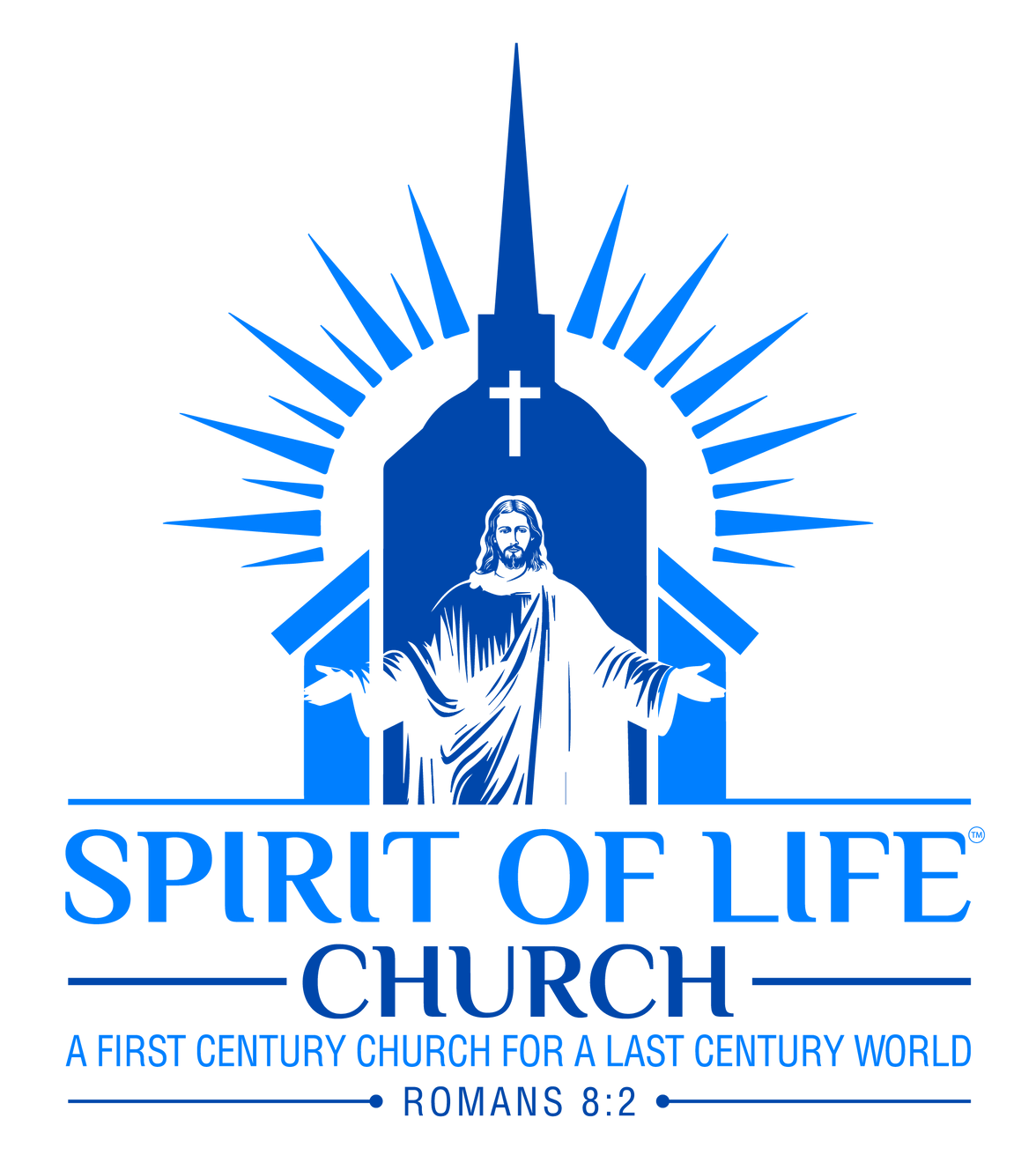 Blue church logo with Jesus figure, rays, spire, text