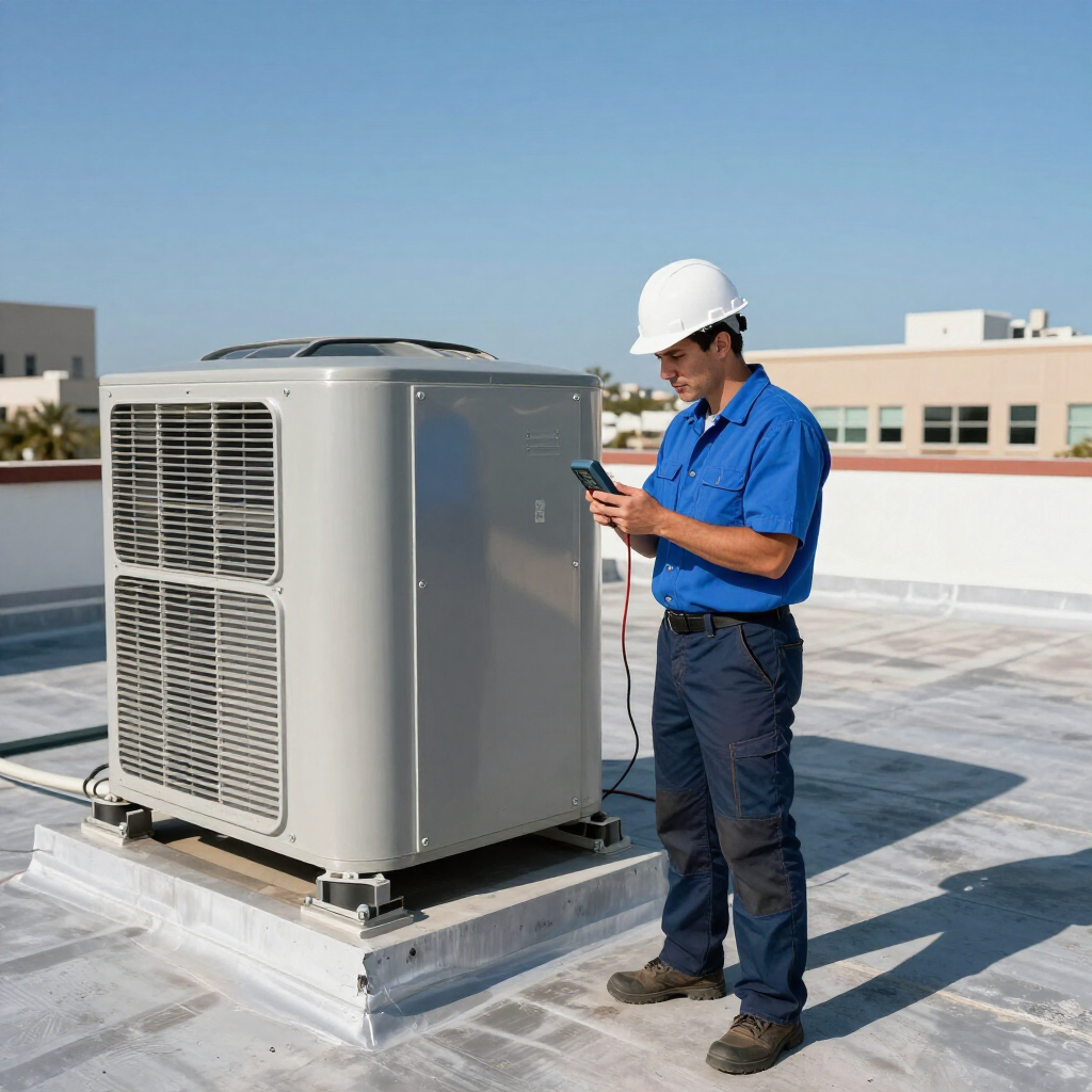 Technician in blue uniform and hard hat inspecting a rooftop HVAC unit on a sunny day