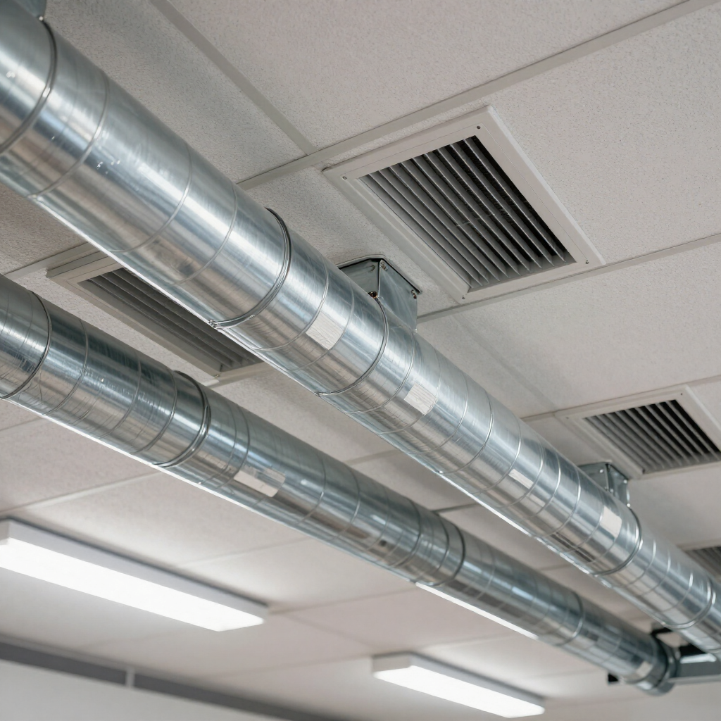 Ceiling view of silver HVAC ductwork and vents in an industrial interior
