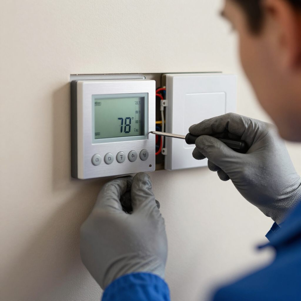 Gloved technician adjusts a wall thermostat with an open cover and digital display.