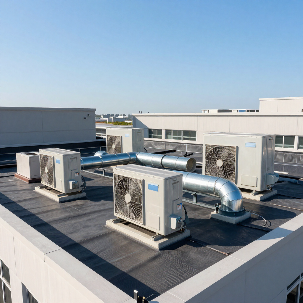 Rooftop HVAC units and silver ductwork on a flat commercial building under a clear blue sky Rooftop HVAC units and silver ductwork on a flat commercial building under a clear blue sky