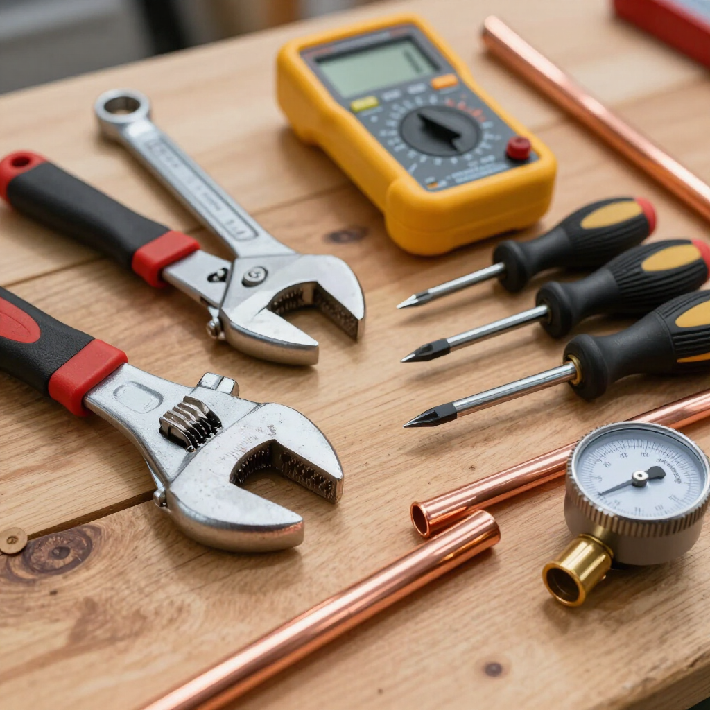 Hand tools and plumbing supplies on a wooden workbench, including wrenches, screwdrivers, a meter, and copper pipe.