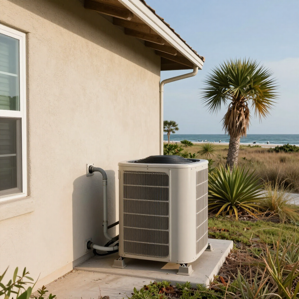 Outdoor HVAC unit beside a stucco house with ocean and palm tree in the background Outdoor HVAC unit beside a stucco house with ocean and palm tree in the background