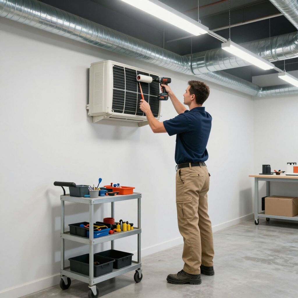 Technician servicing a wall-mounted air conditioner in a bright workshop