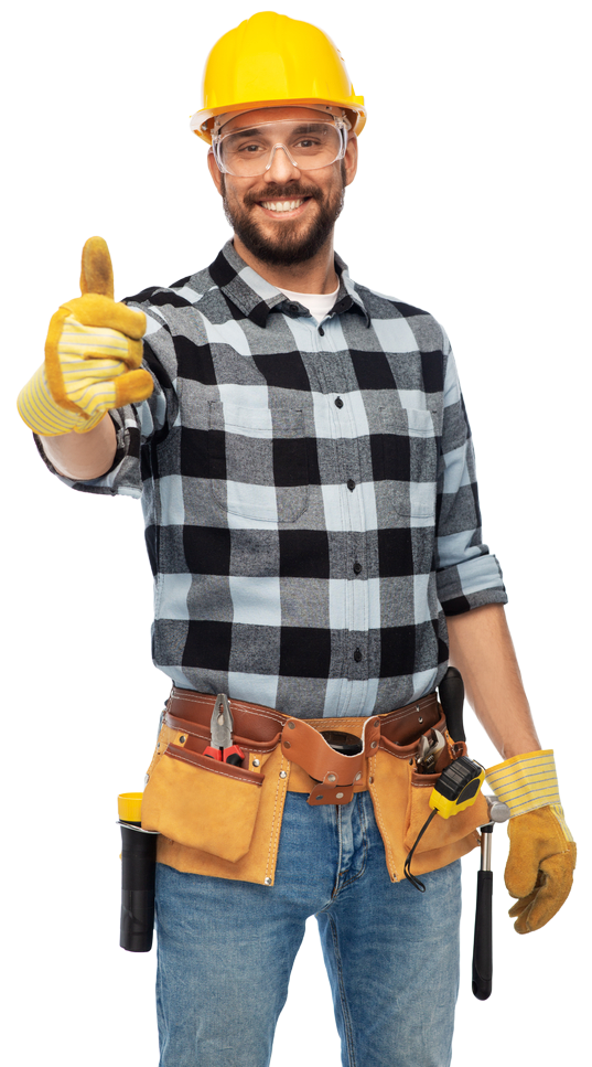 Construction worker in yellow hard hat and gloves, smiling and giving a thumbs-up, with tools on a belt.