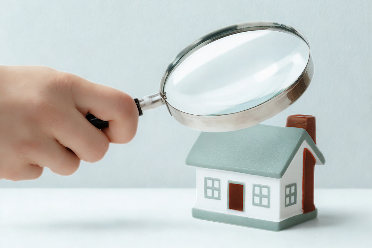 Hand holding magnifying glass over a small house model