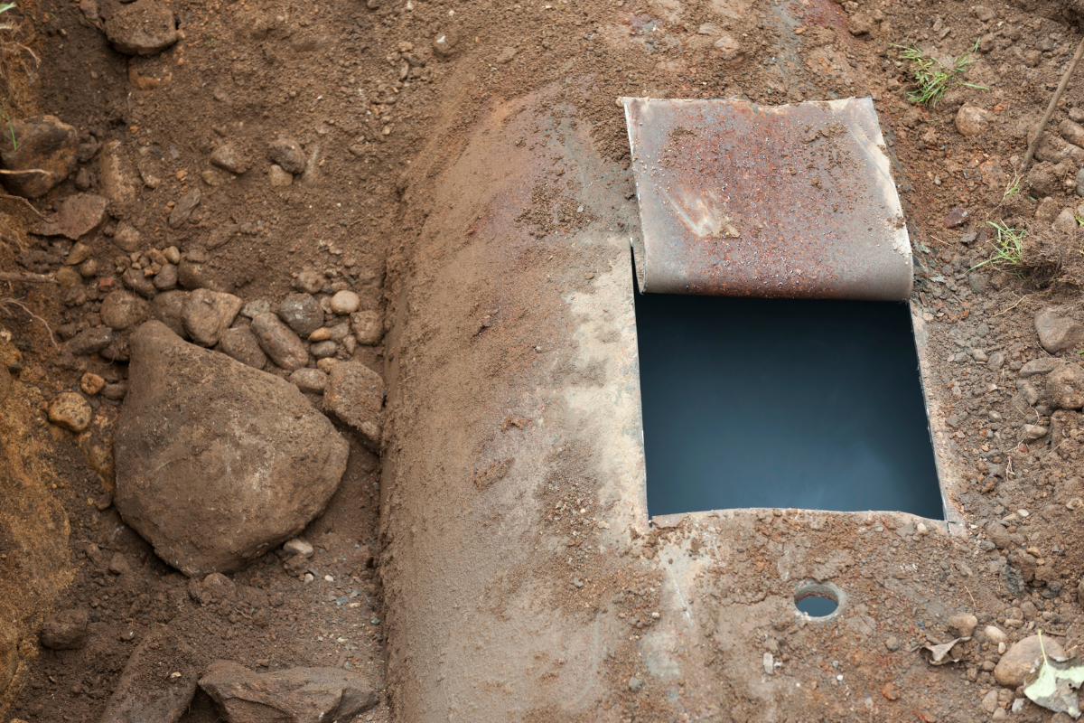 Small square concrete opening in dirt, with a metal cover partly open beside a large rock.