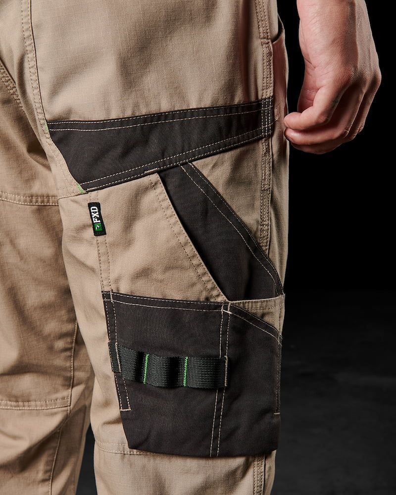 Khaki Work Pants With Black Reinforced Knee and Pocket Patches, Green Accents — Workwise Clothing Forster in Wingham, NSW