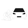 A black and white drawing of a man kneeling next to a car.