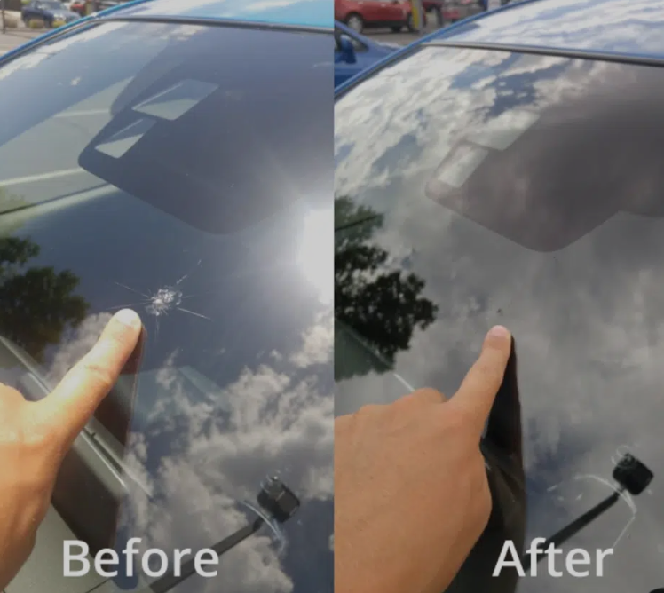 A before and after photo of a car windshield