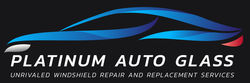 The logo for platinum auto glass shows a blue car on a black background.