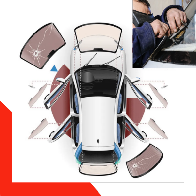 A man is fixing a broken windshield on a car