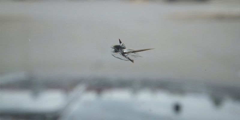 A close up of a cracked windshield on a car.