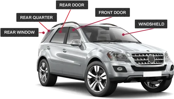 The parts of a car are labeled on a white background
