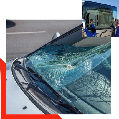 A picture of a broken windshield next to a picture of a bus