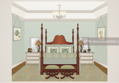 An illustration of a bedroom with a four poster bed