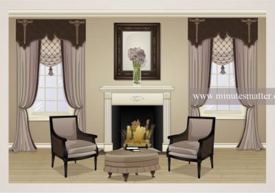 A living room with a fireplace and two chairs