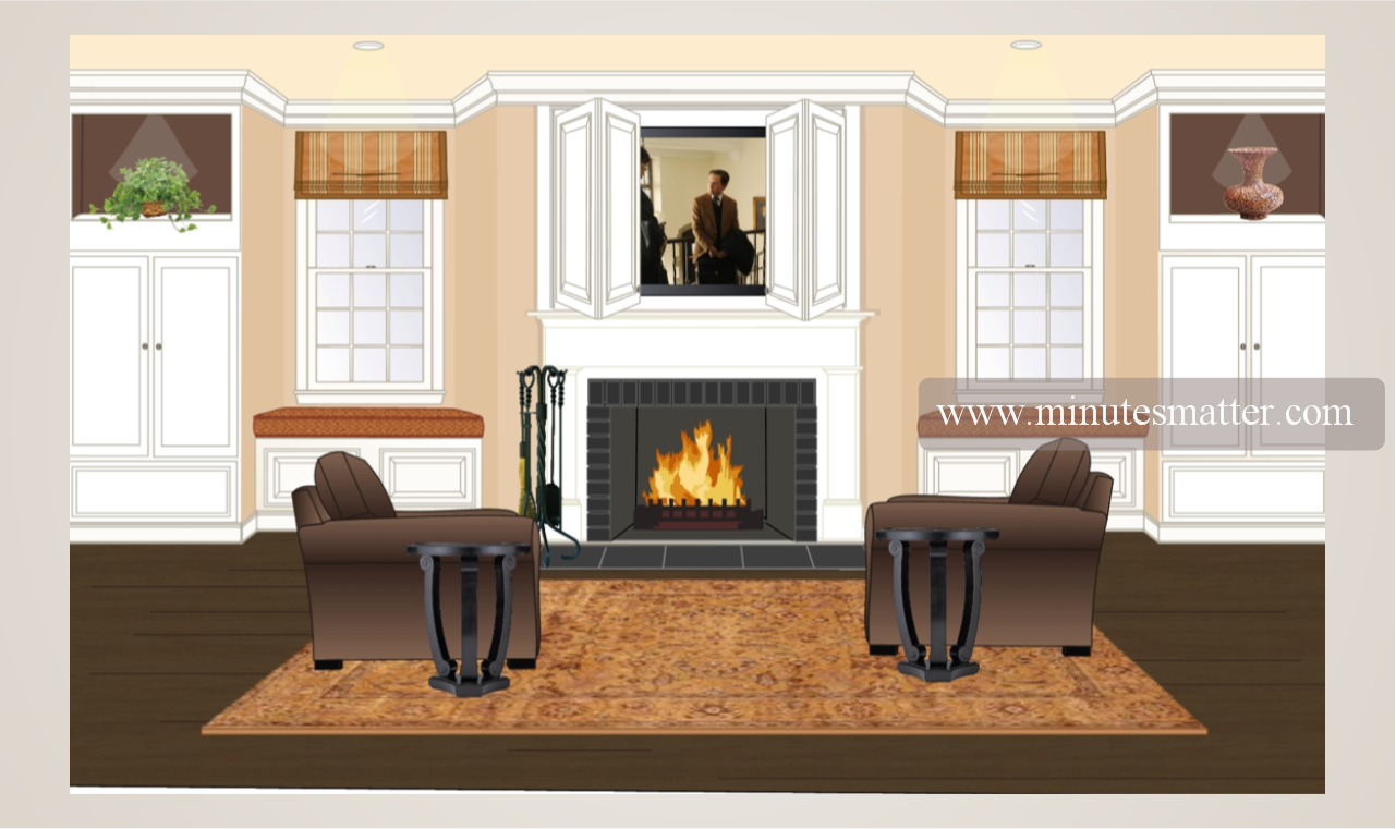 A living room with a fireplace and two chairs