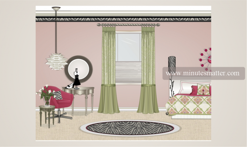 An illustration of a bedroom with pink walls and green curtains