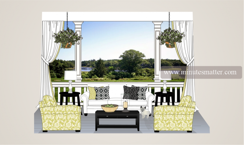 A drawing of a porch with a view of a lake
