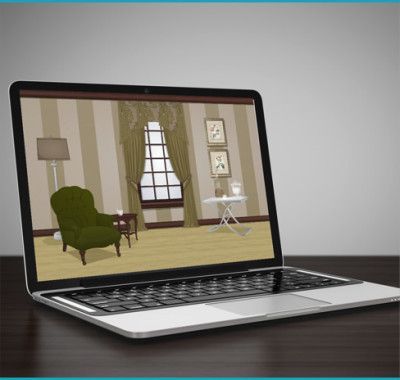 A laptop with a picture of a living room on the screen A laptop with a picture of a living room on the screen