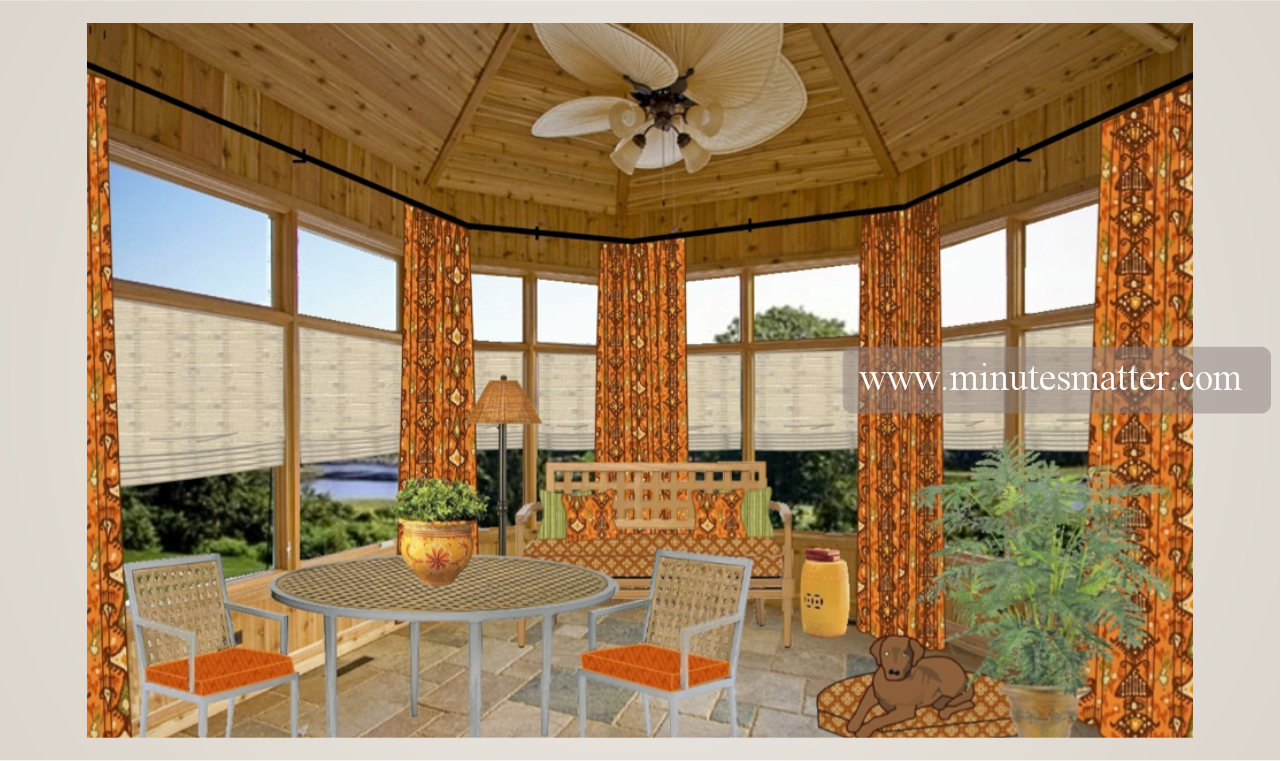 A rendering of a gazebo with a ceiling fan