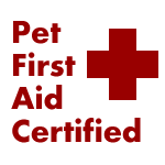 Pet First Aid Certified text next to a dark red cross.