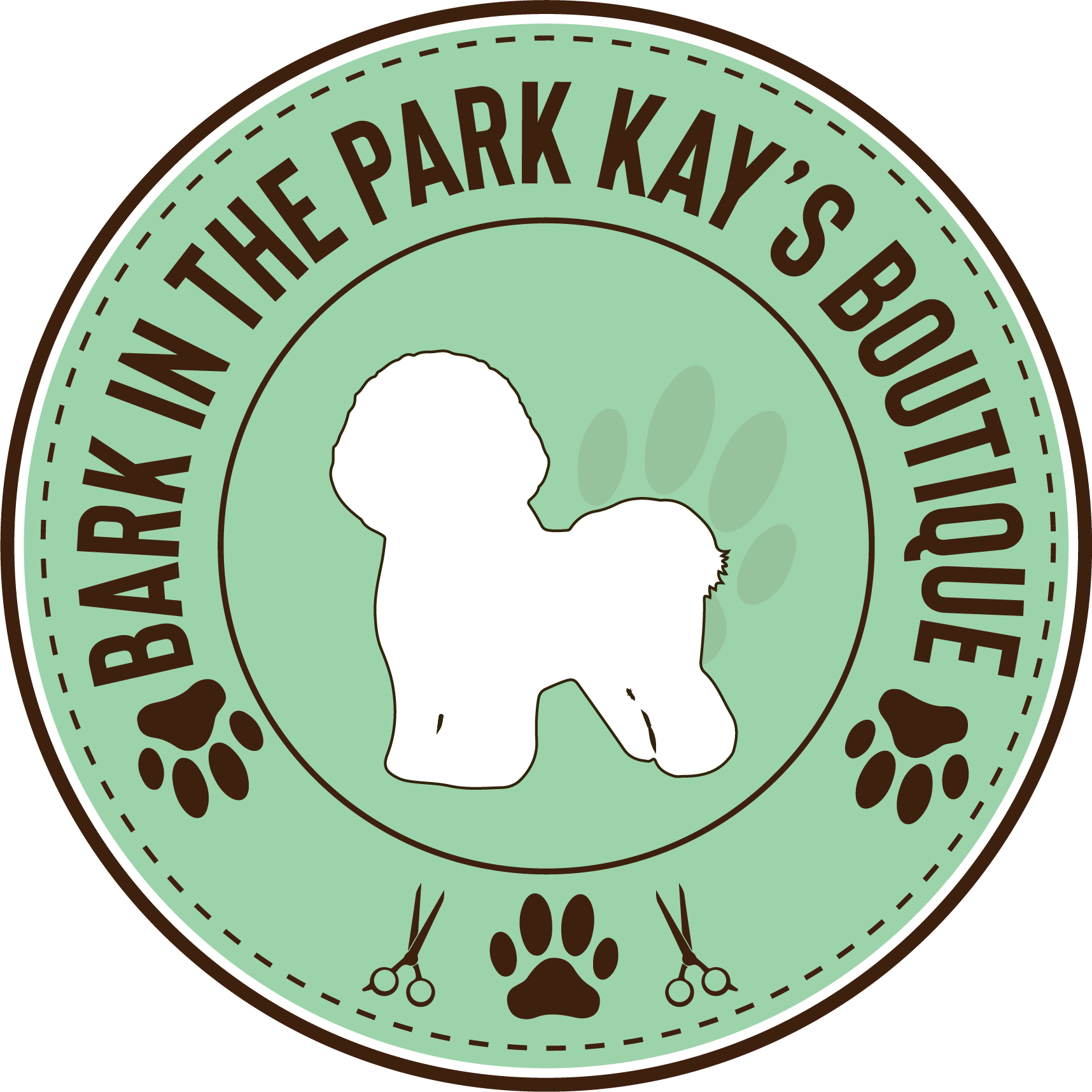 Bark in the Park Kay's Boutique logo: white dog silhouette, paws, scissors, text on a green circle.