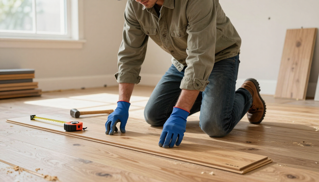 Flooring expert positioning wood boards using flooring installation service in Anaheim, CA for improved durability.