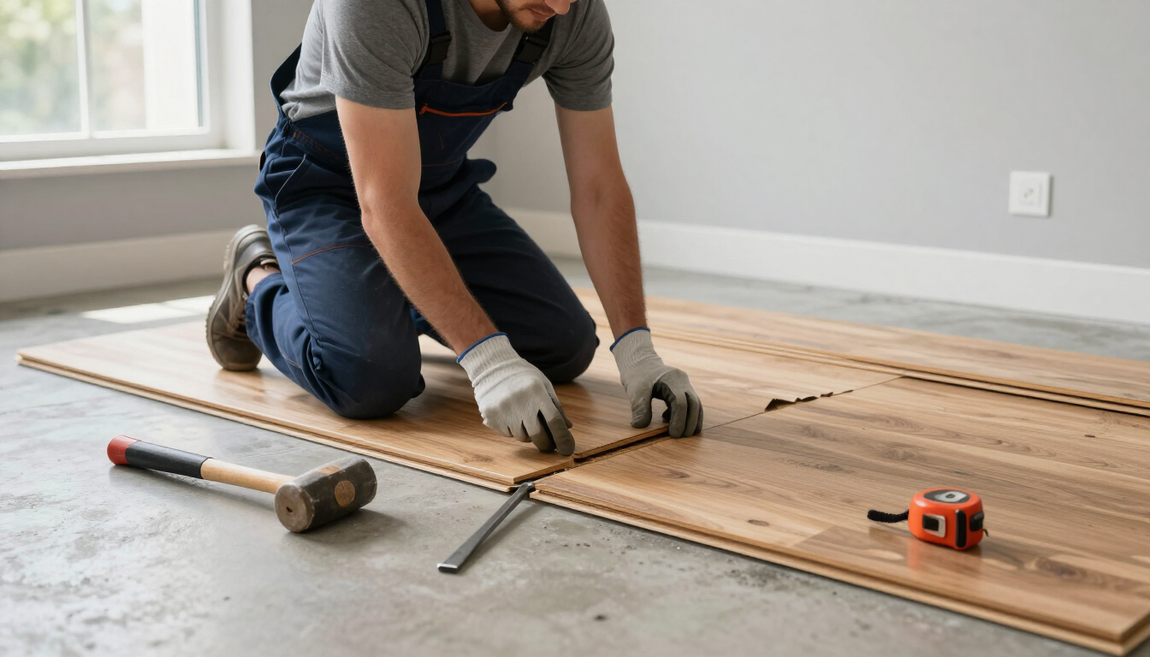 Technician replacing damaged flooring with flooring installation service in Anaheim, CA to restore beauty and function.