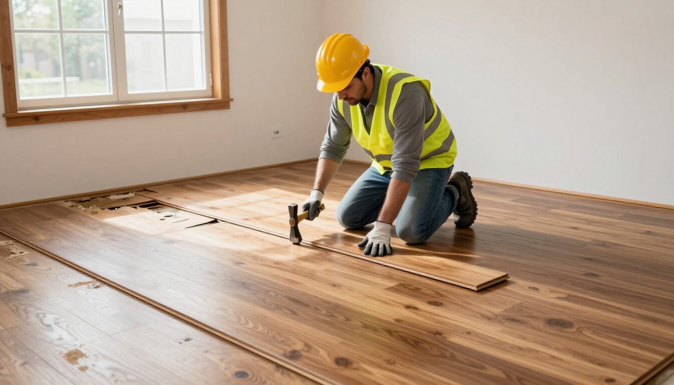 Flooring specialist repairing worn planks using flooring installation service in Anaheim, CA for long-term durability.