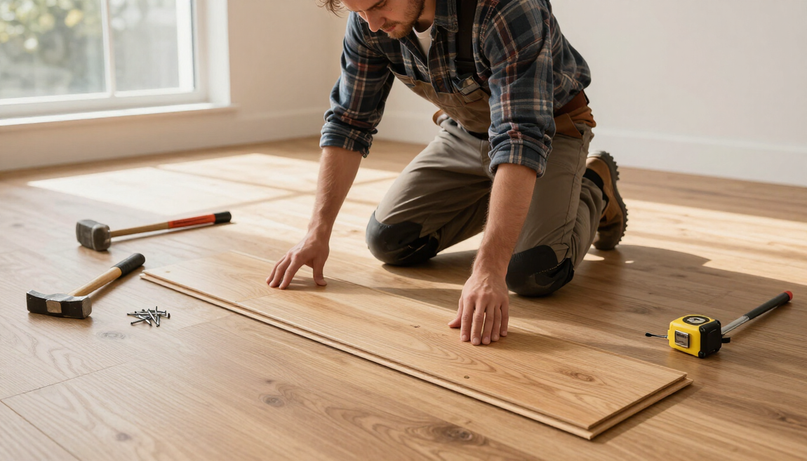 Craftsman installing hardwood flooring with flooring installation service in Anaheim, CA for timeless interior style.