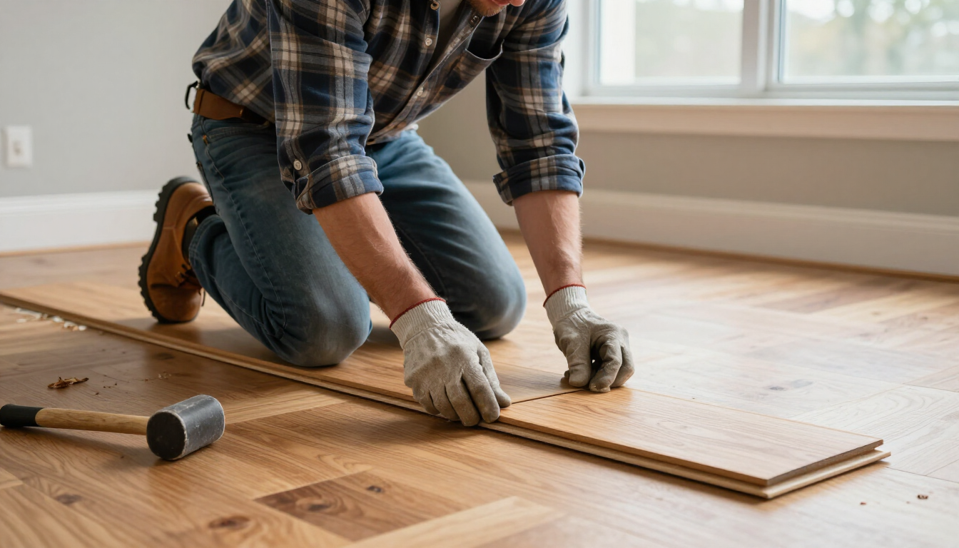 Professional aligning hardwood planks through flooring installation service in Anaheim, CA with expert precision.