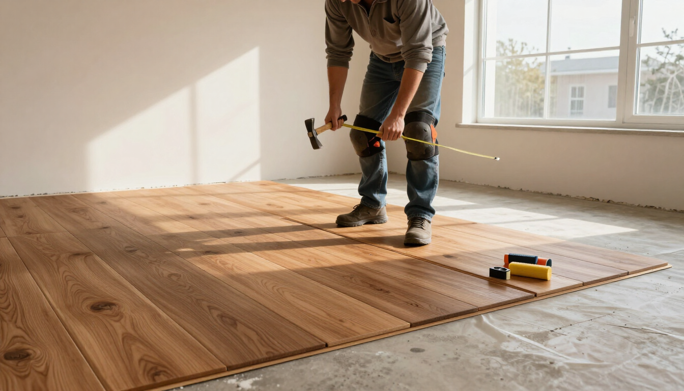 Installer securing hardwood flooring using flooring installation service in Anaheim, CA for lasting performance.