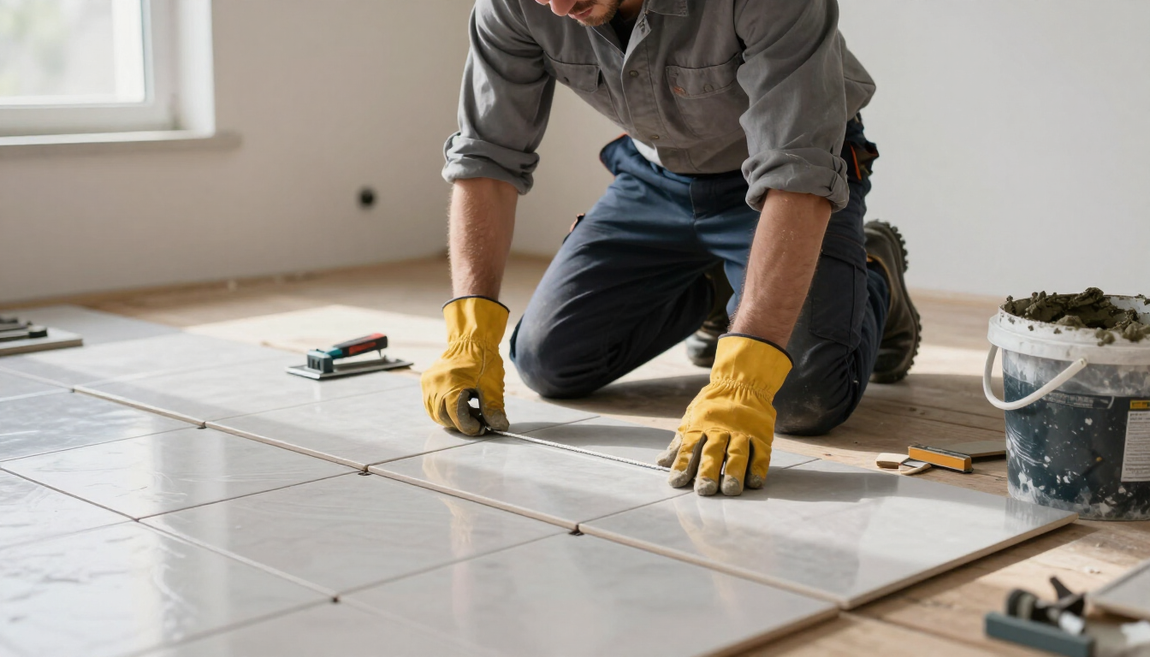 Tile installer preparing ceramic flooring with flooring installation service in Anaheim, CA for a durable surface.