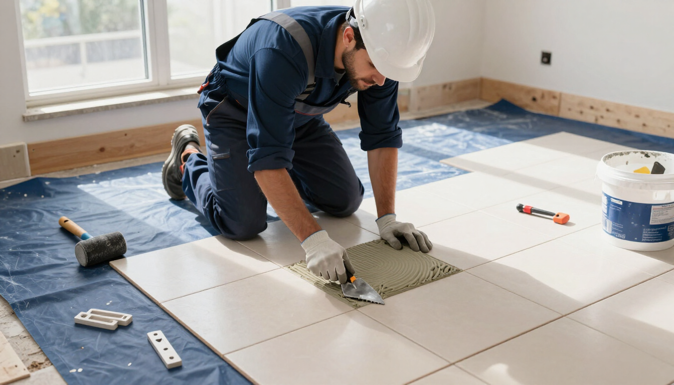 Flooring professional setting ceramic tile during flooring installation service in Anaheim, CA with careful alignment.