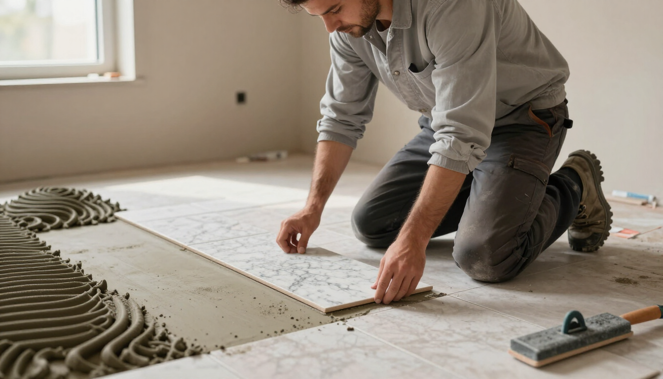 Installer placing floor tiles through trusted flooring installation service in Anaheim, CA for a clean finished look.