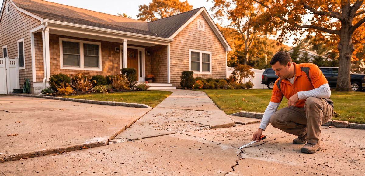 Concrete driveway resurfacing project with smooth finished surface near residential garage