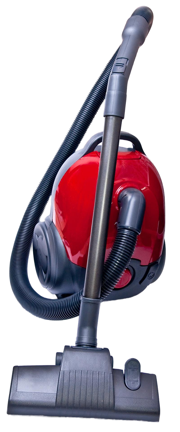 A red vacuum cleaner with a black hose on a white background.