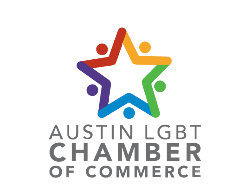 Austin LGBT Chamber of Commerce logo: colorful star with connected figures, rainbow hues, and text.