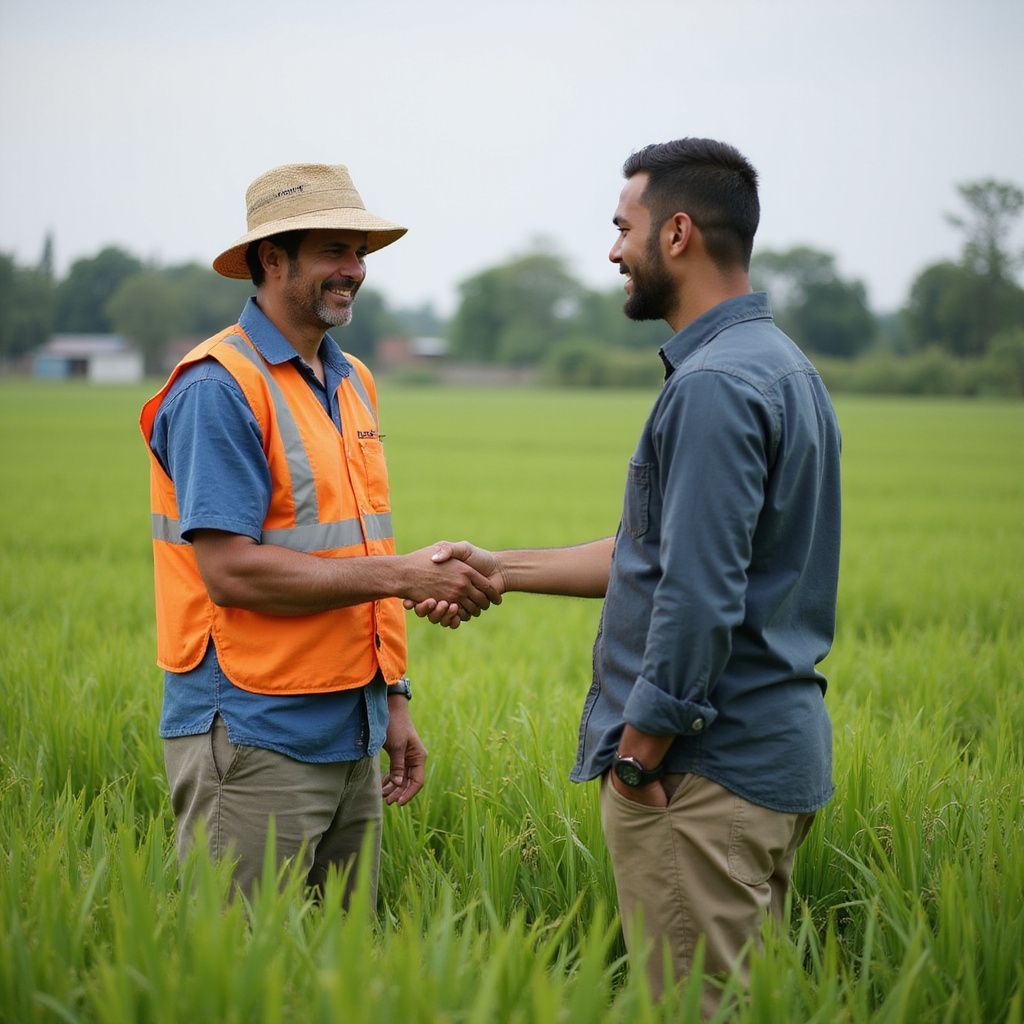 Two men shake hands in a green field, one wearing an orange safety vest and straw hat.
